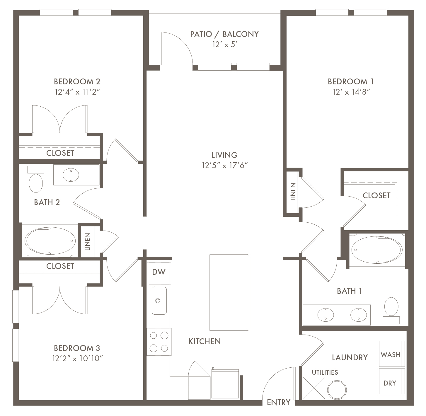 A C1 unit with 3 Bedrooms and 2 Bathrooms with area of 1248 sq. ft